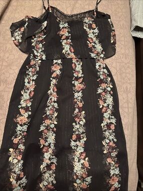 BCBG Black Floral Slip Dress with Lace Trim